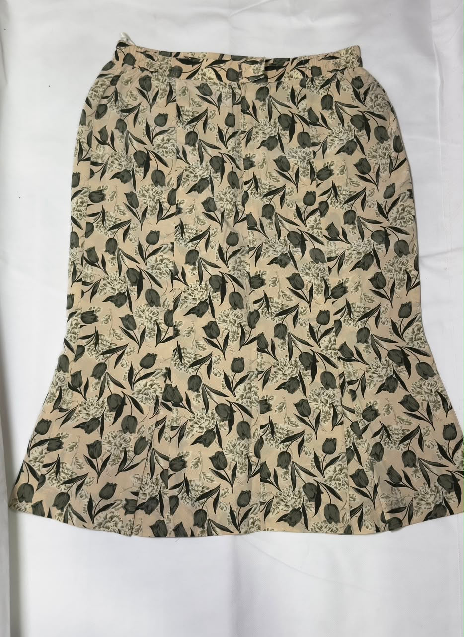 Preloved Vintage Beige Floral Tulip Print Paneled Flare Midi Skirt