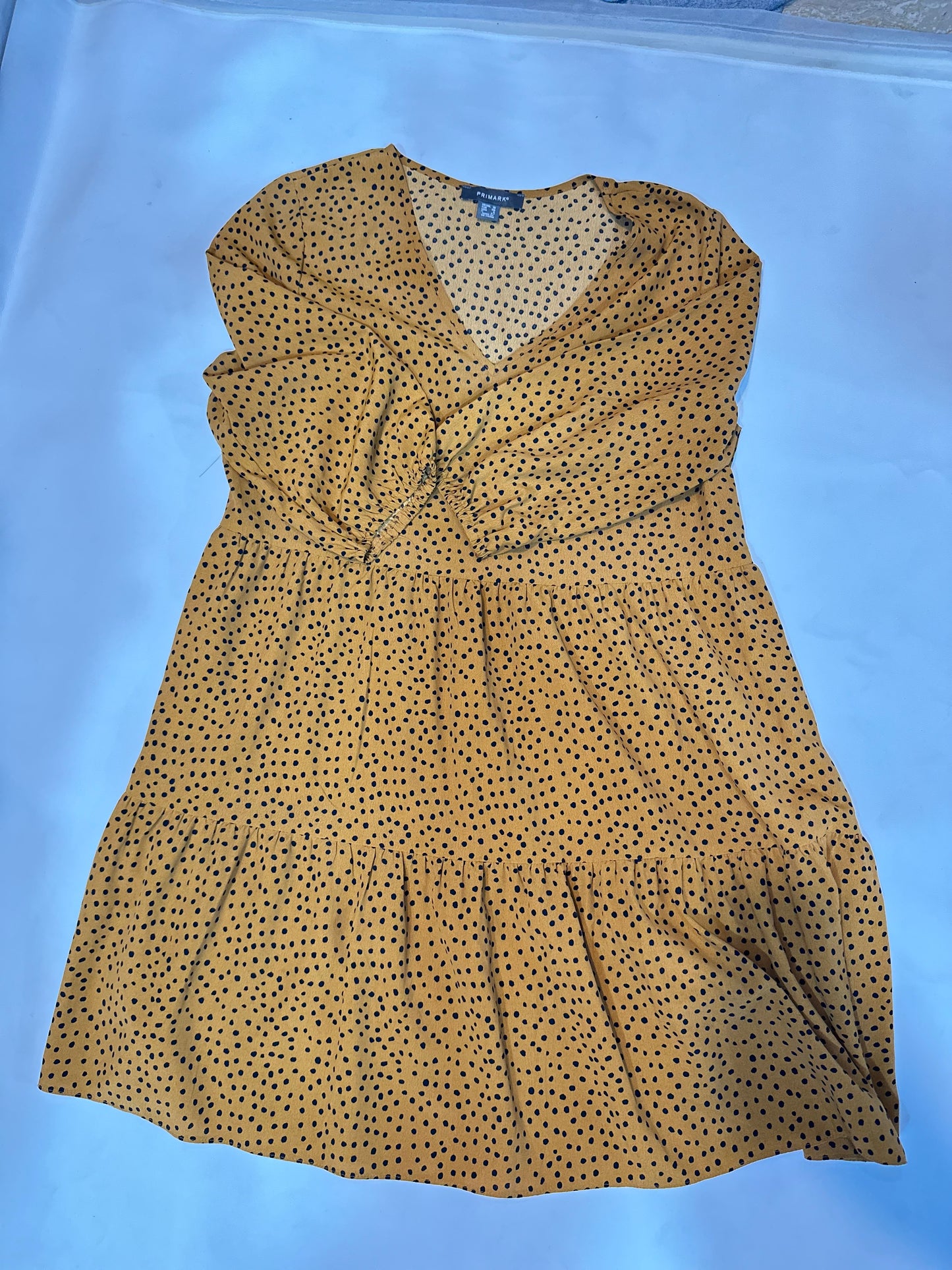 Ladies' Preloved Primark Mustard Yellow Polka Dot Tiered Smock Dress