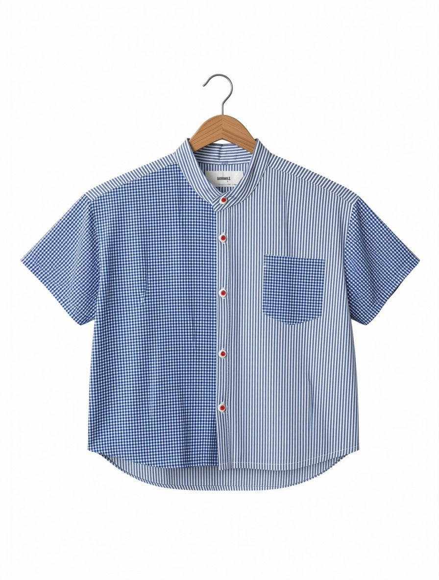 Girls Preloved Baggy Asymmetric Striped & Checked Top (Size 4-5Y)