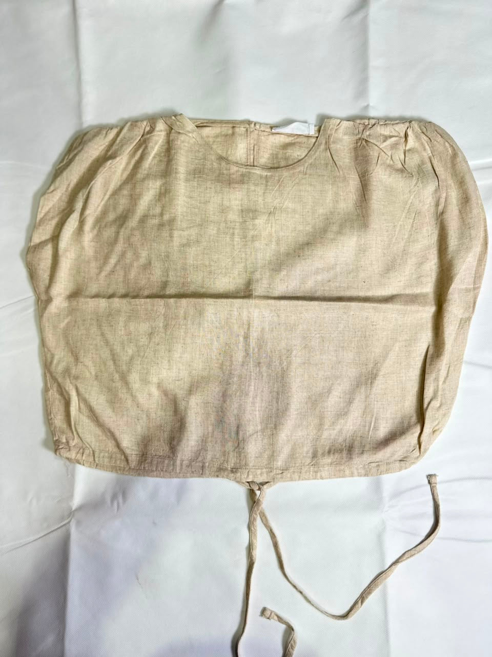 Preloved Beige Linen Drawstring Hem Short Sleeve Crop Blouse