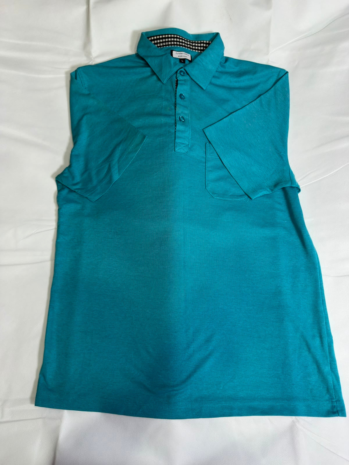 Men's Preloved Teal Blue Pocket Polo Shirt with Patterned Inner Collar