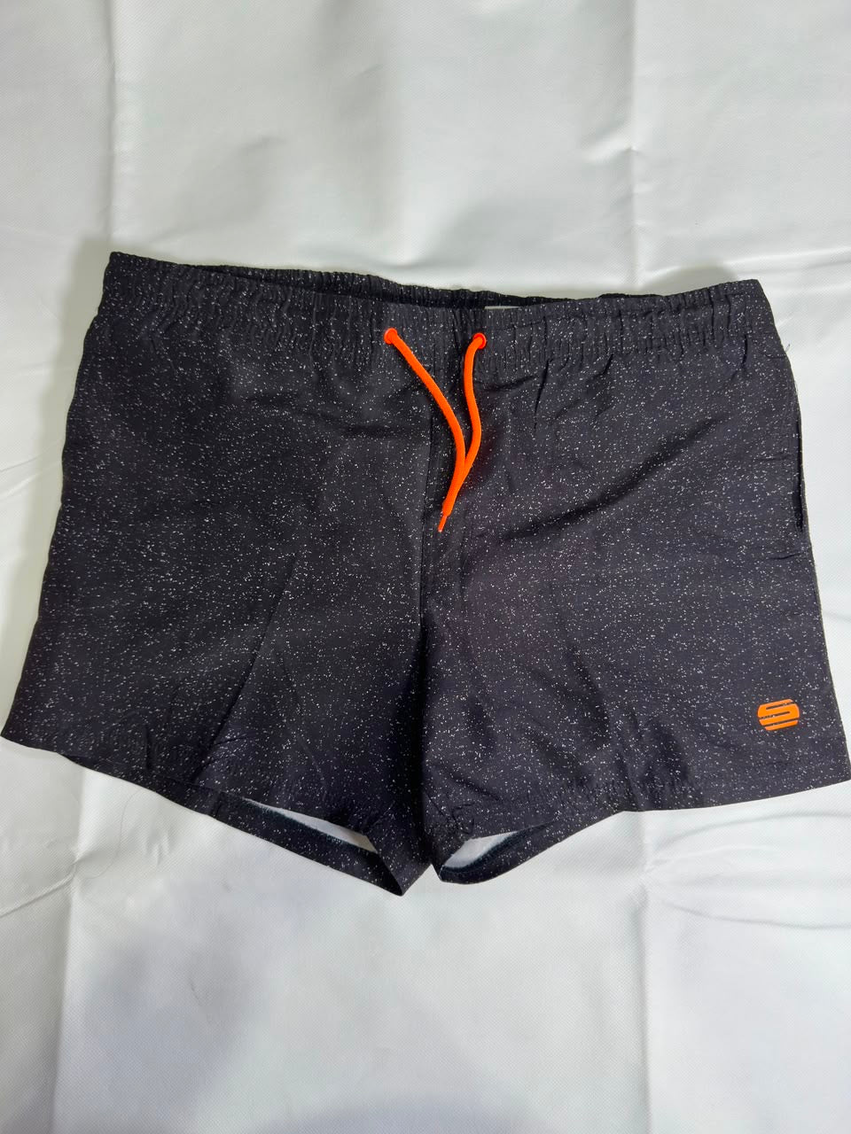 Preloved Charcoal Speckled Athletic Swim Shorts with Neon Orange Accents