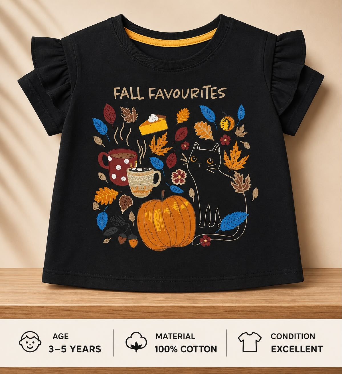 Preloved Kids "Fall Favourites" Ruffled Graphic T-Shirt – Black 100% Cotton (Ages 3-5)