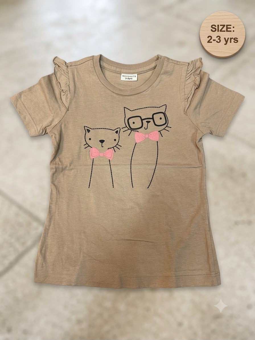 Preloved Motehuts Kids Cat Graphic Ruffled T-Shirt – Taupe Beige (Ages 2-3 Yrs)