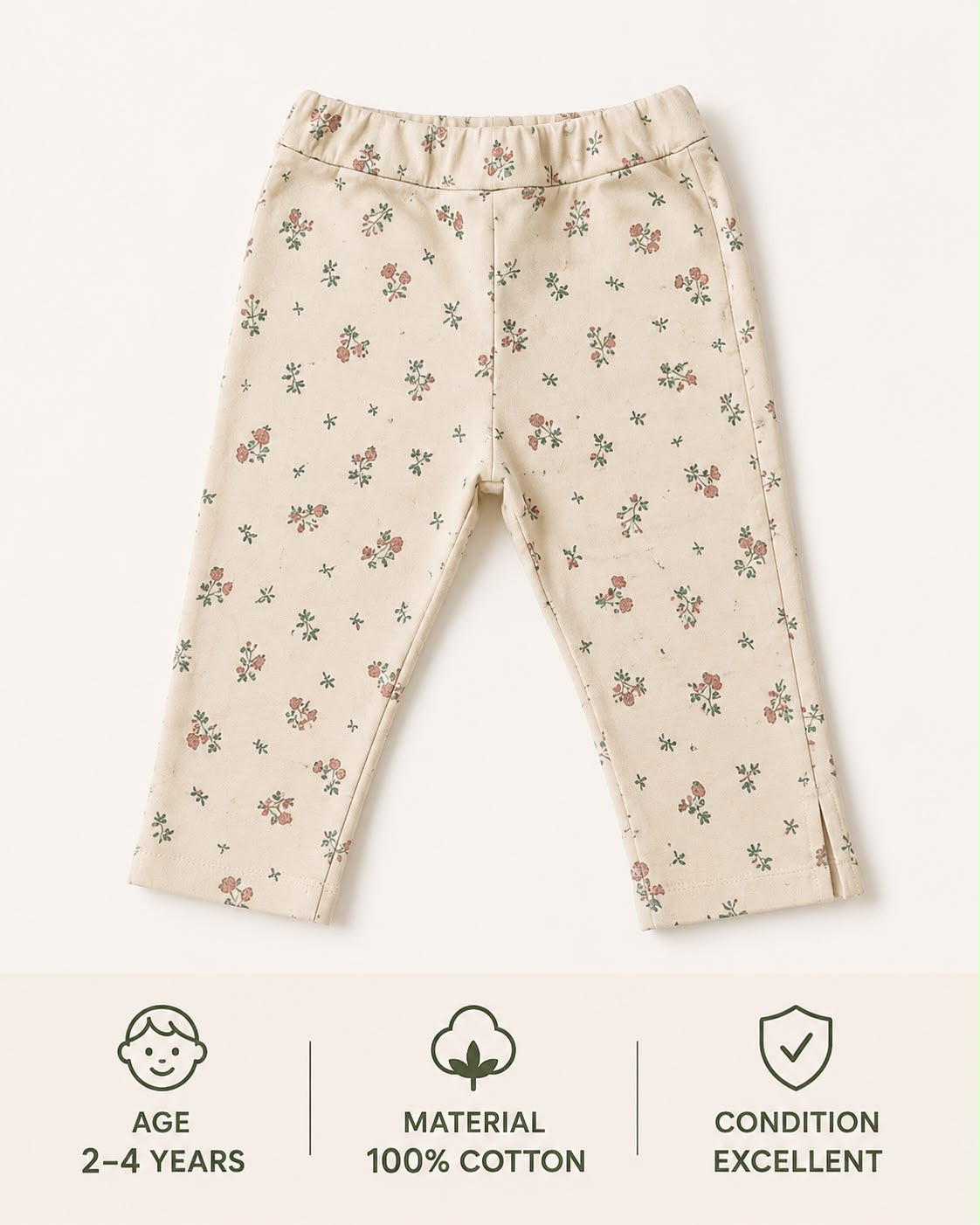 Girls Cream Floral Cotton Leggings | Soft Stretch Pants | Age 2–4 Years
