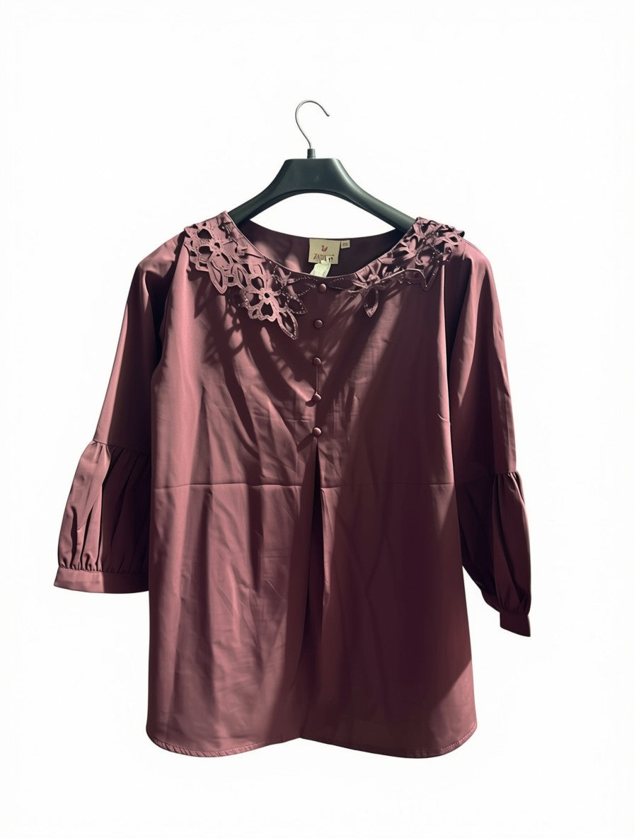 Women's Preloved Dusty Mauve Cut-Out Lace Collar Blouse (Size M)