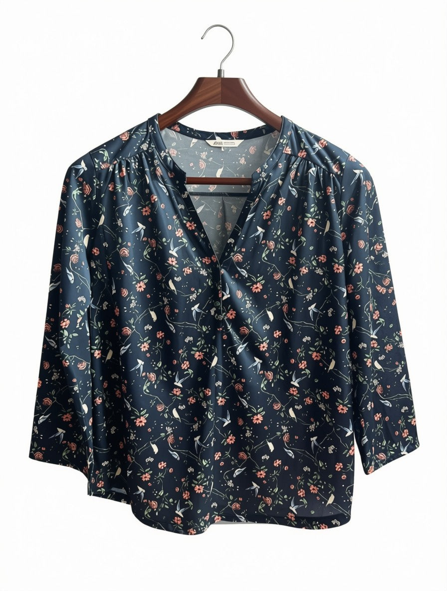 Women's Preloved Navy Floral & Bird Print V-Neck Blouse (Size L)