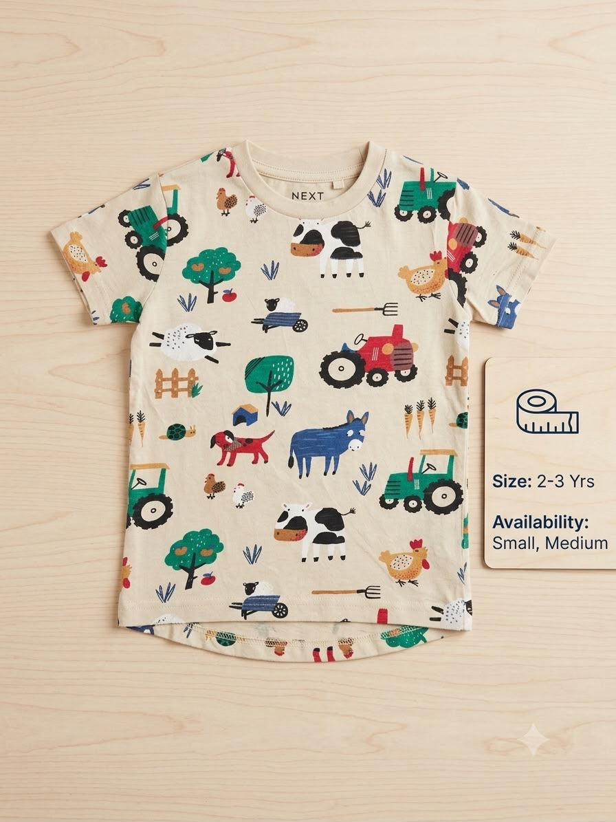 Preloved Next Kids All-Over Farm Print T-Shirt – Beige (Ages 2-3 Yrs)
