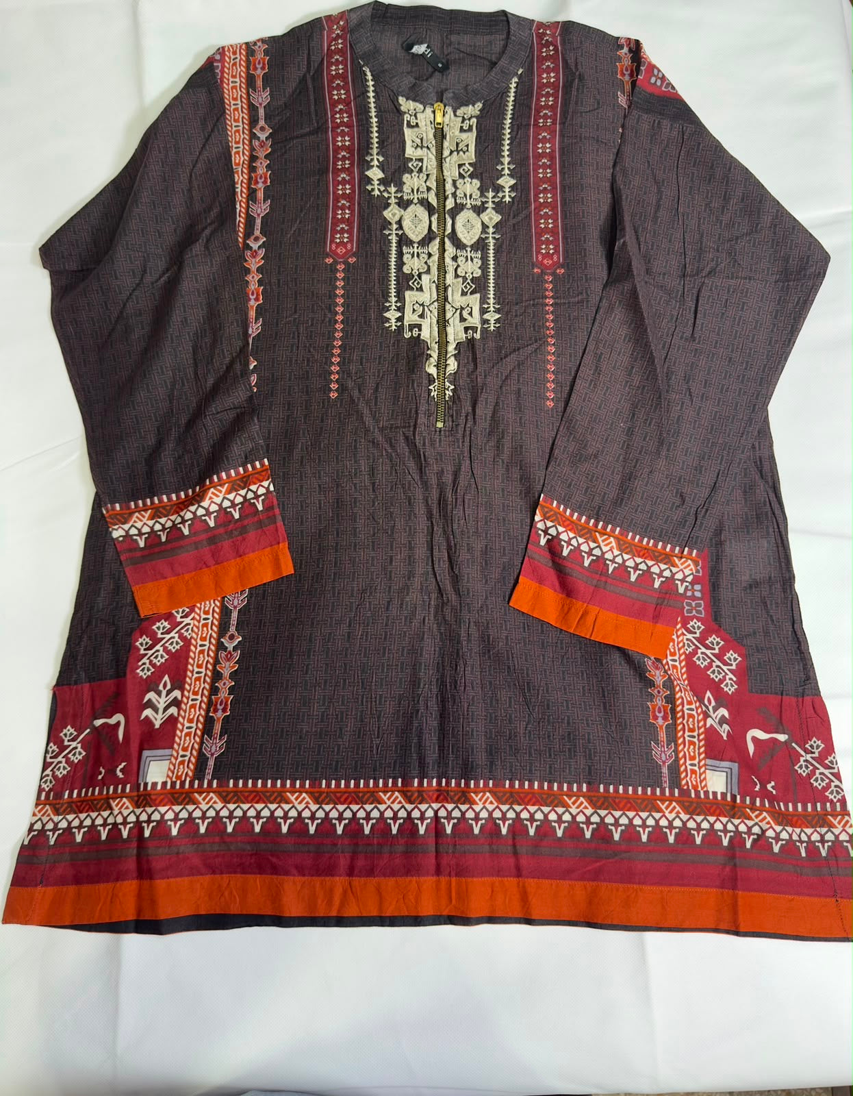 Preloved Women's Charcoal Grey & Rust Ethnic Embroidered Zipper Kurti