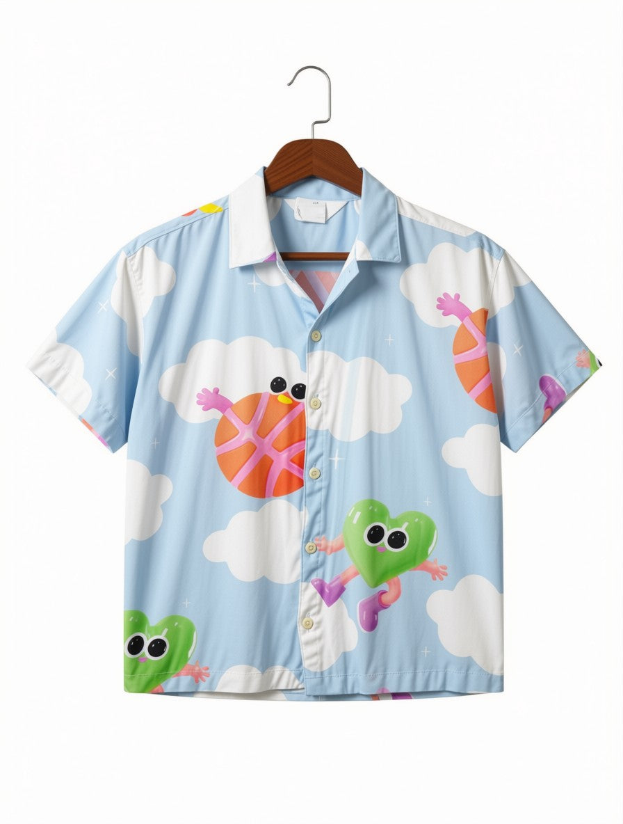 Boys Preloved Sky Blue Cartoon Camp Collar Shirt (Size 4-5Y)