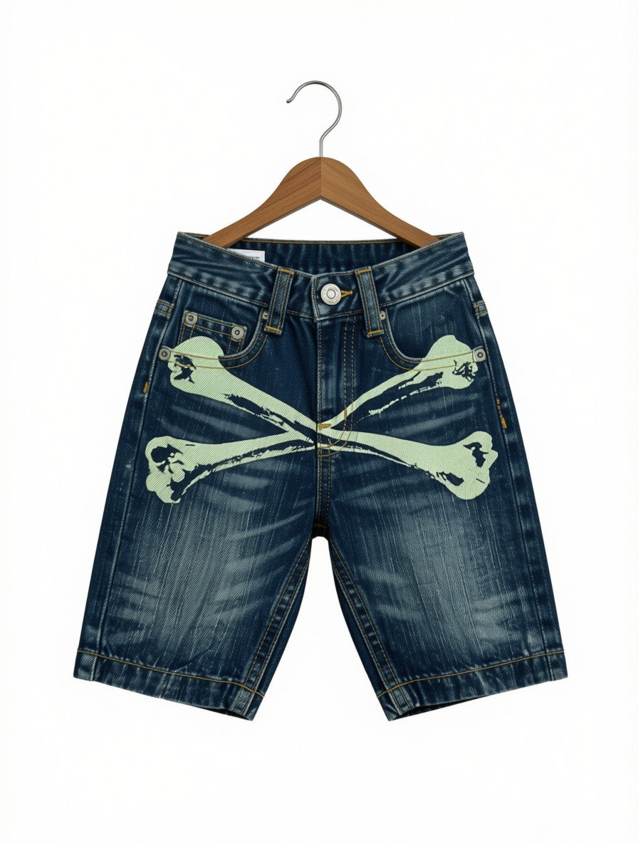 Boys Preloved Blue Crossbones Denim Shorts (Size 5-6Y)
