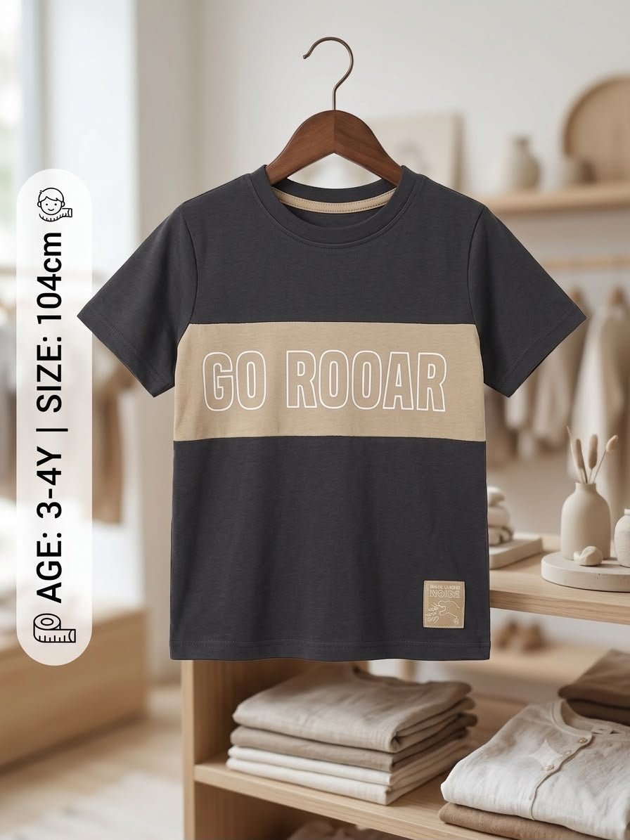 Preloved Kids "Go Rooar" Colorblock Graphic T-Shirt – Dark Grey & Tan (Ages 3-4Y)