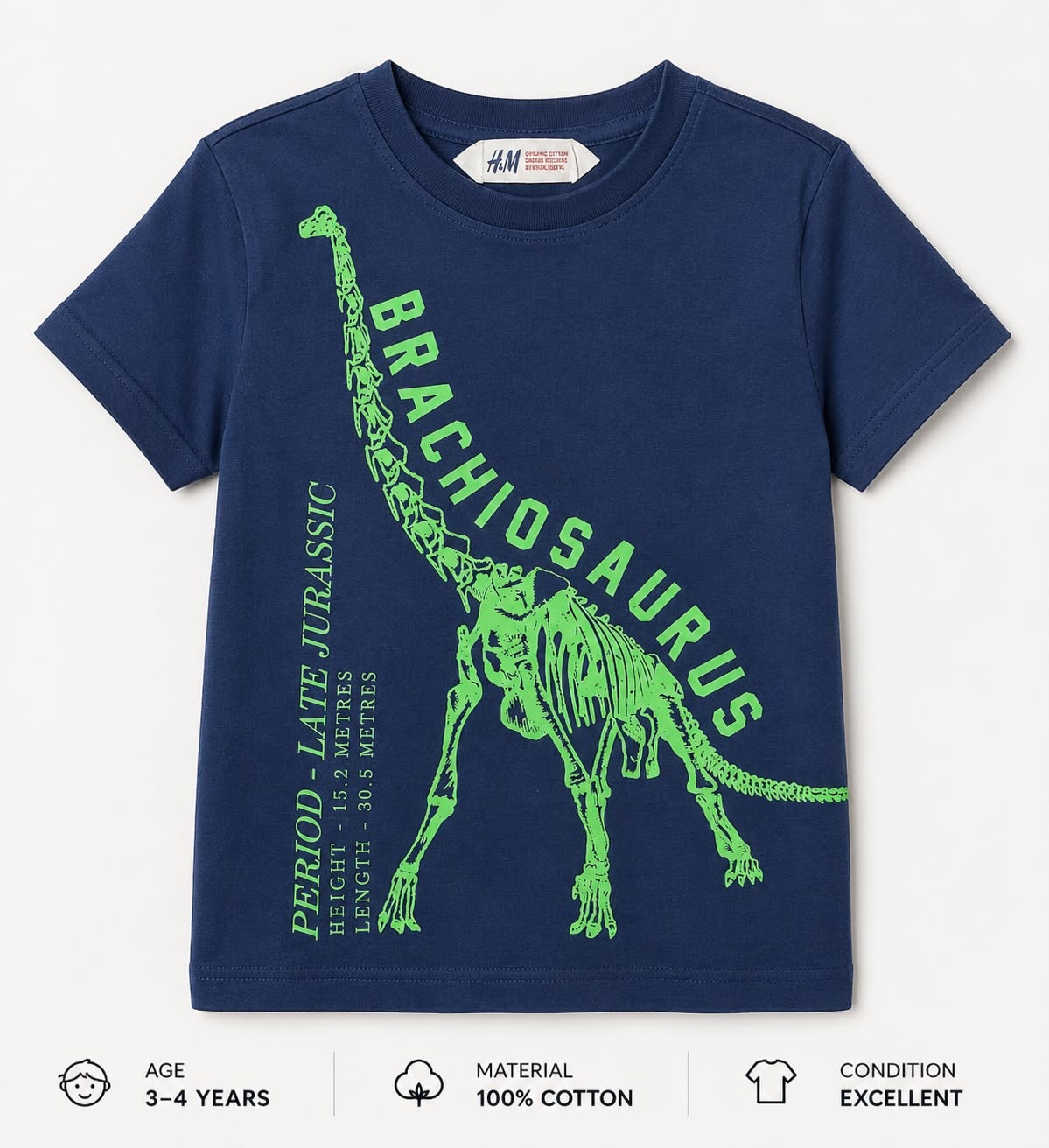 Preloved H&M Kids Brachiosaurus Skeleton Graphic T-Shirt – Navy Blue 100% Cotton (Ages 3-4)