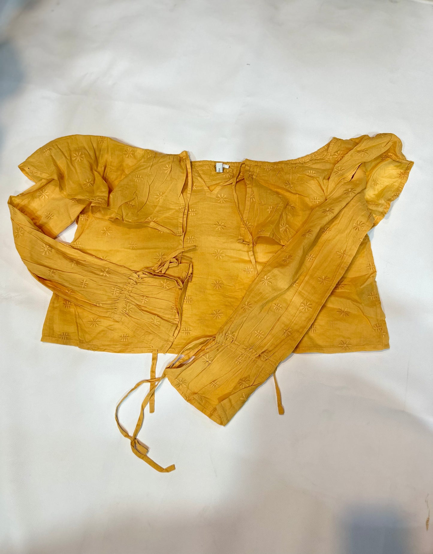Ladies' Preloved Mustard Yellow Schiffli Embroidered Off-Shoulder Crop Top