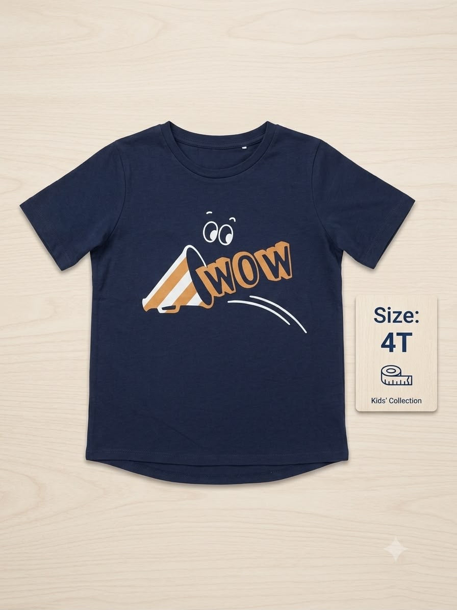 Preloved Kids "WOW" Megaphone Graphic T-Shirt – Navy Blue (Size 4T)