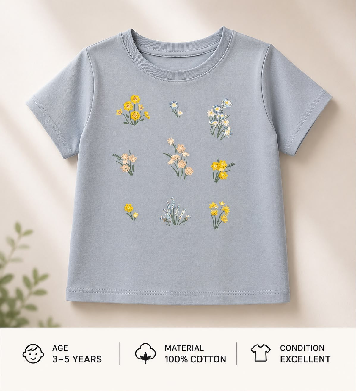 Preloved Kids Wildflower Graphic T-Shirt – Pastel Light Blue 100% Cotton (Ages 3-5)
