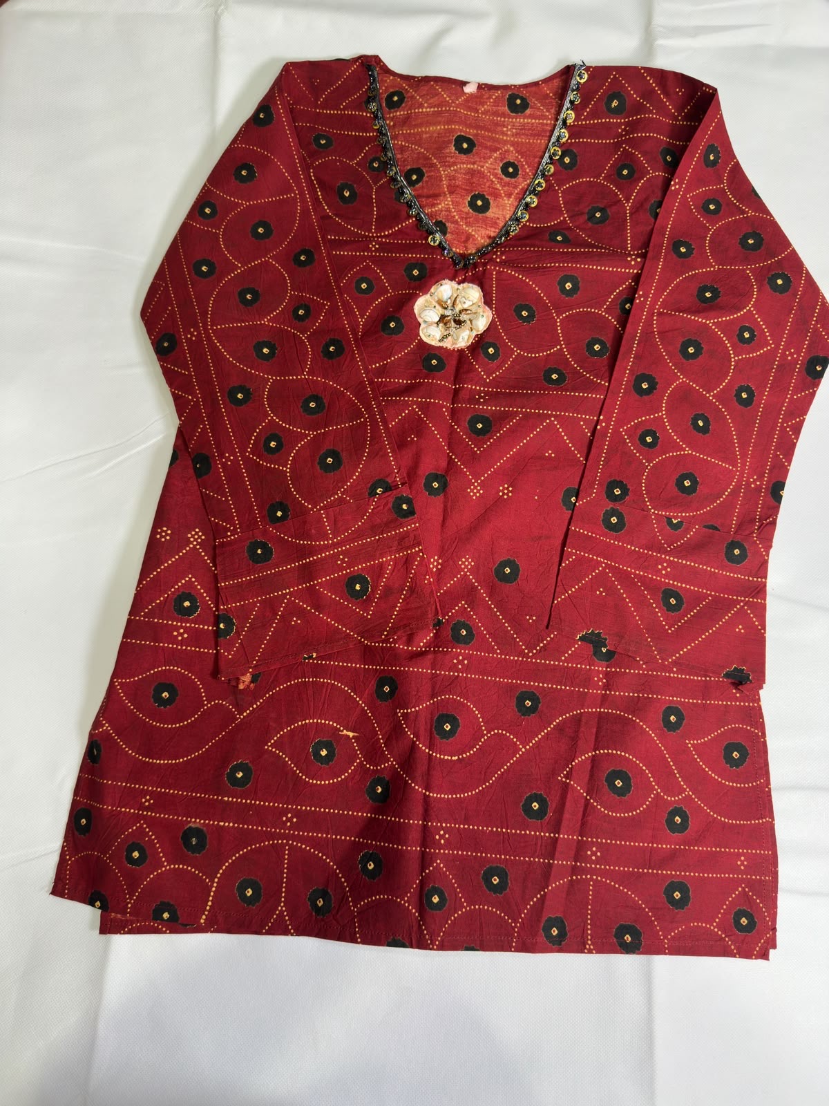 Preloved Women's Crimson Red Traditional Chunri / Ajrak Block Printed Kurti