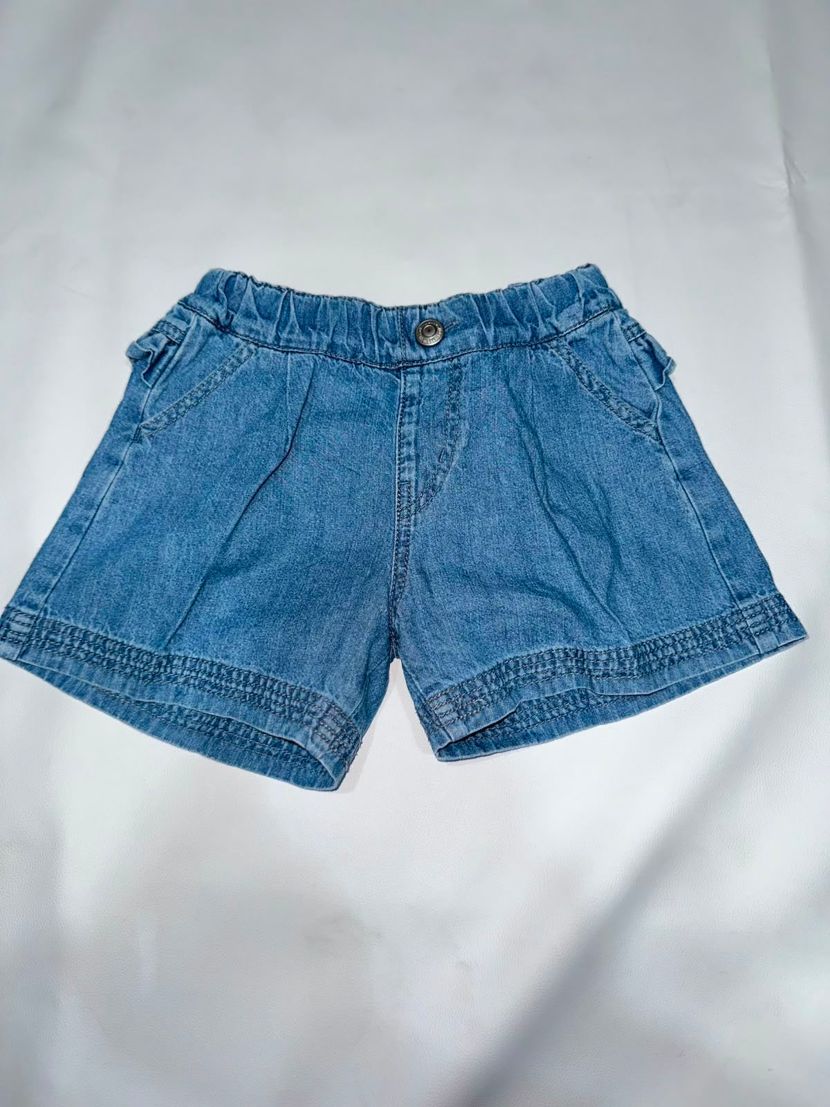 Preloved Girls Mid-Wash Elastic Waist Pleated Denim Shorts