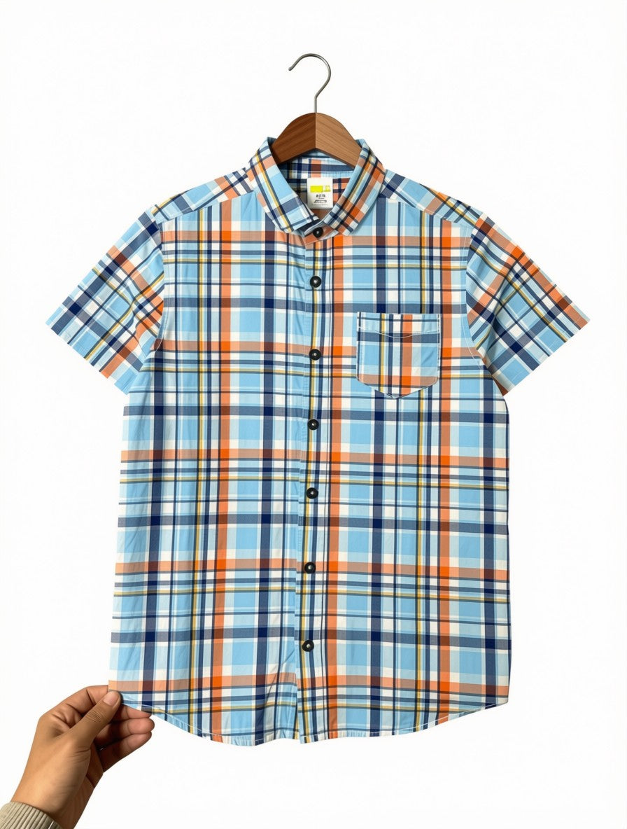 Boys Preloved Blue & Orange Plaid Shirt (Size 7-8Y)