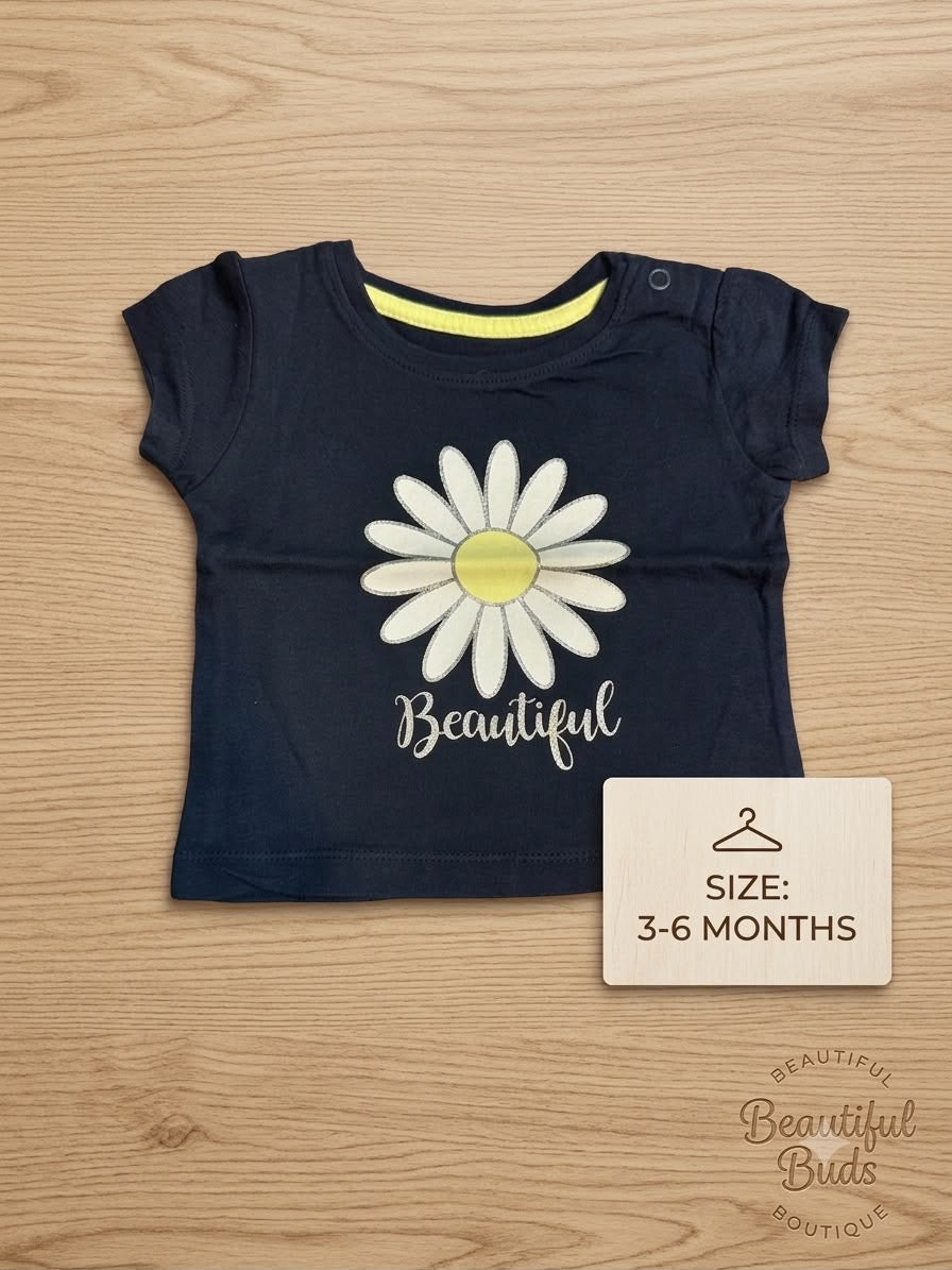 Preloved Baby Girls "Beautiful" Daisy Graphic T-Shirt – Dark Navy (3-6 Months)