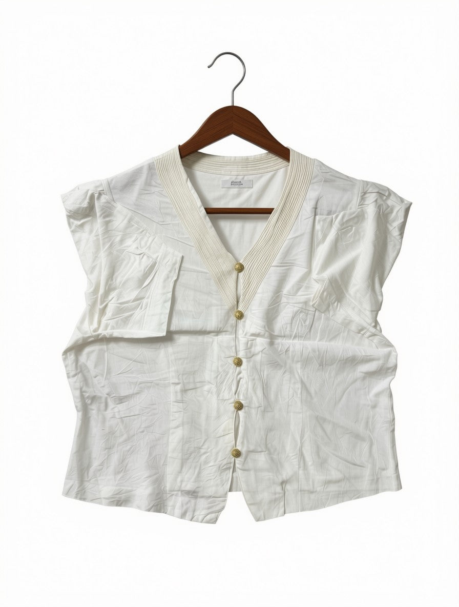 Women's Preloved White Pintuck V-Neck Blouse with Gold Buttons (Size L)