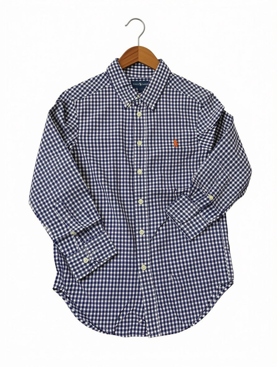 Boys Preloved Navy Gingham Po Polo Shirt (Size 6-7Y)
