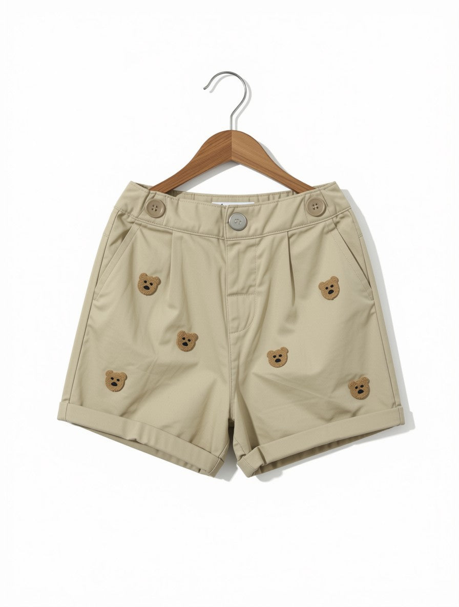 Girls Preloved Khaki Embroidered Teddy Bear Pleated Shorts (Size 2-3Y)