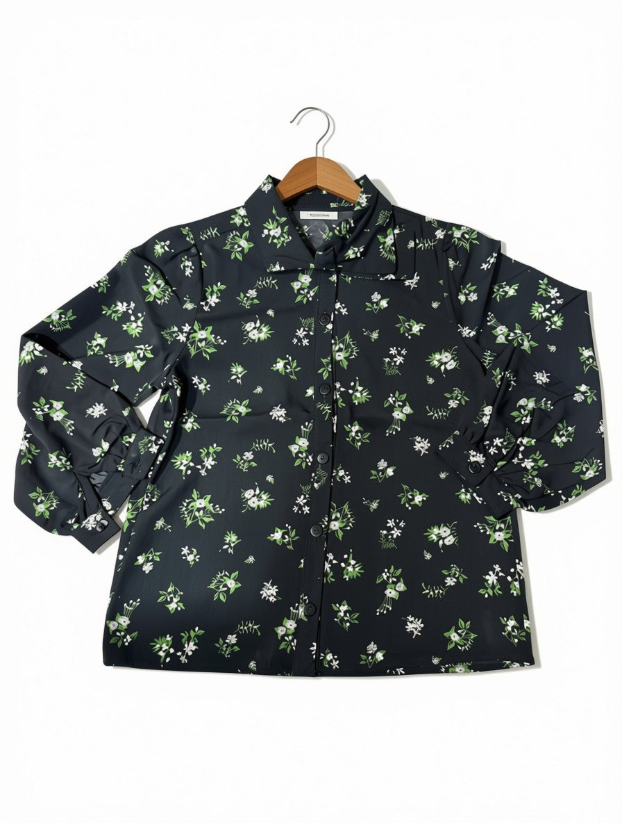 Girls Preloved Black Floral Bishop-Sleeve Blouse (Size 4-5Y)
