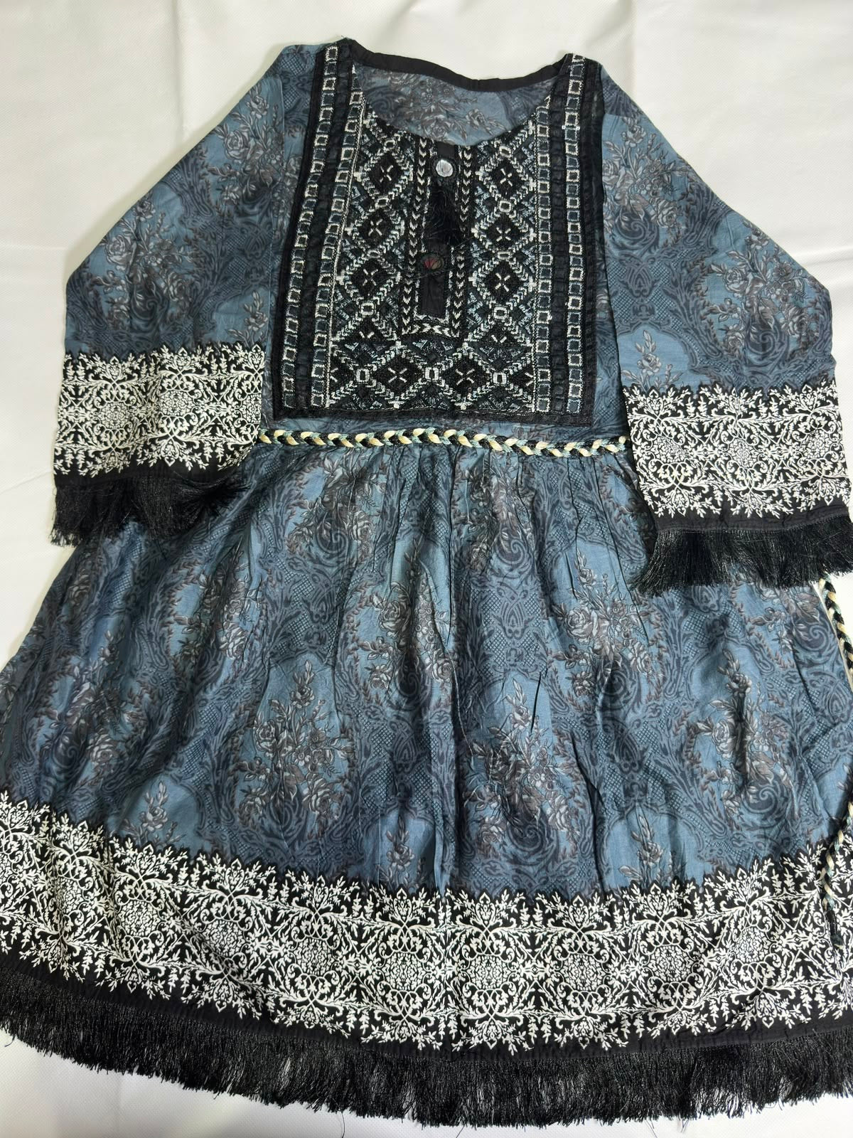 Preloved Women's Slate Blue Heavy Embroidered Damask Ethnic Frock