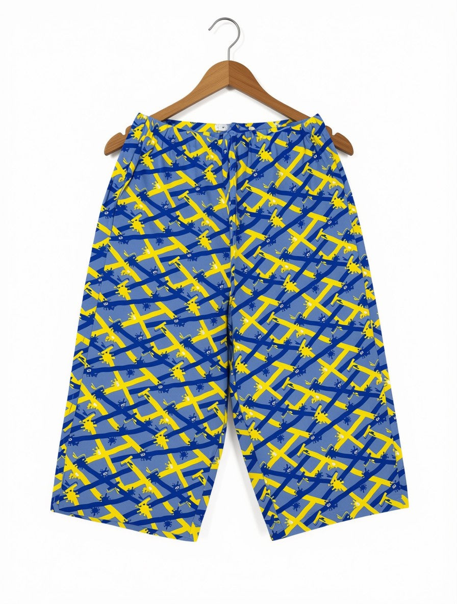 Boys Preloved Blue & Yellow Geometric Abstract Long Casual Shorts (Size 9-10 Years)