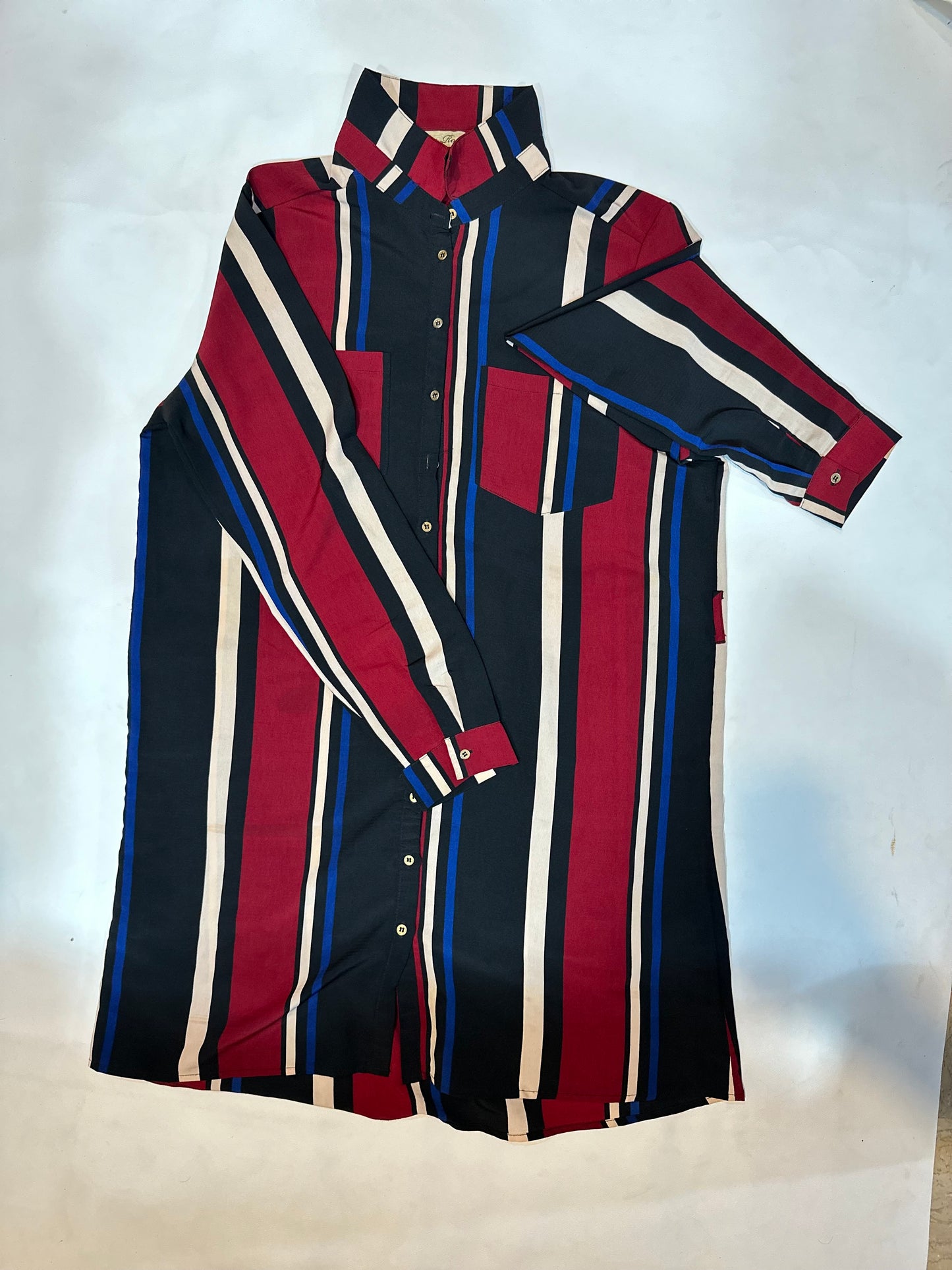 Ladies' Preloved Maroon & Navy Vertical Stripe Longline Shirt Tunic
