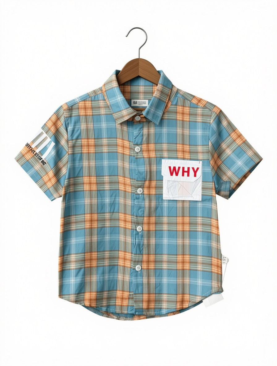 Boys Preloved Blue "Why" Plaid Shirt (Size 4-5Y)