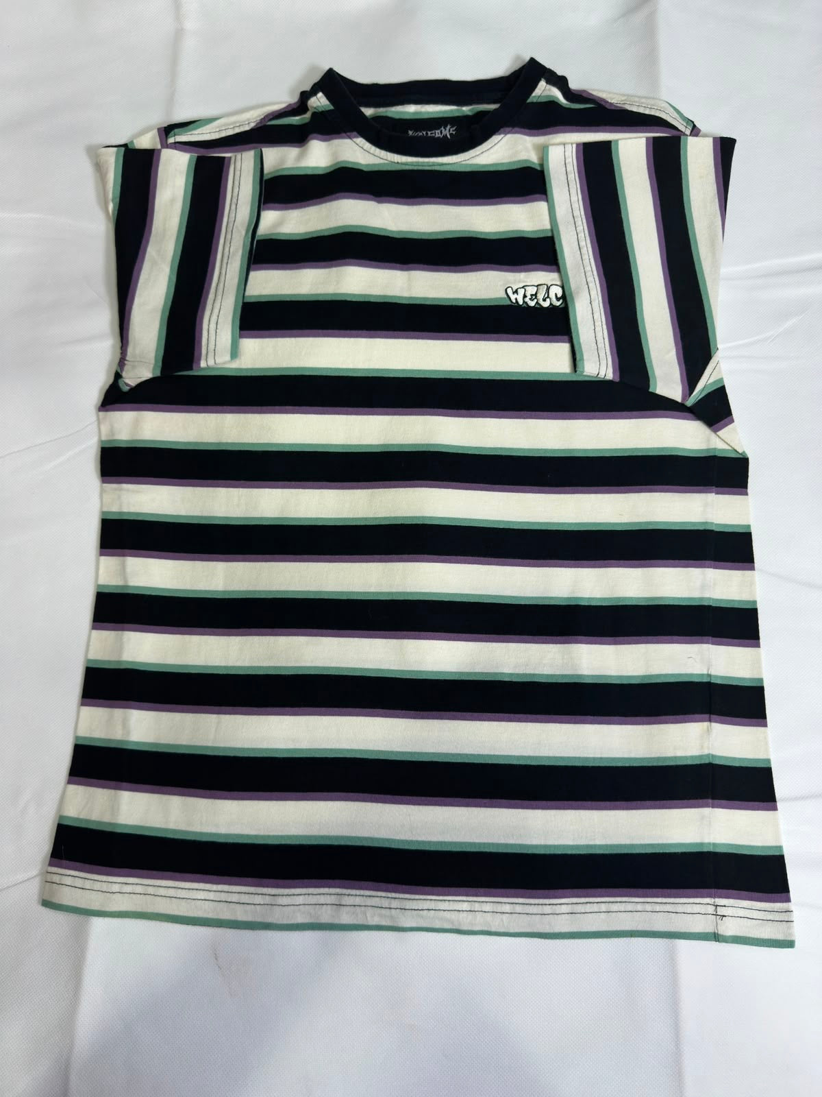 Preloved Welcome Skateboards Multi-Color Horizontal Striped Logo T-Shirt