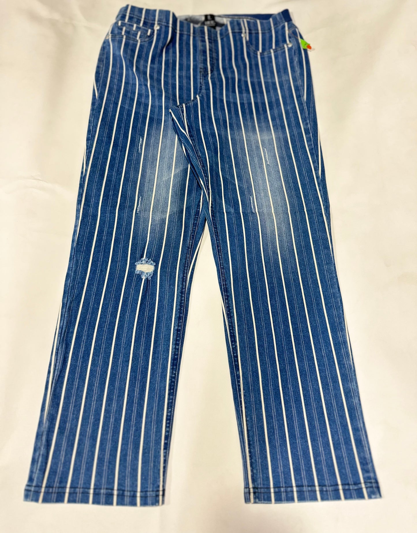 Ladies' Preloved Blue Vertical Striped Distressed Denim Jeans