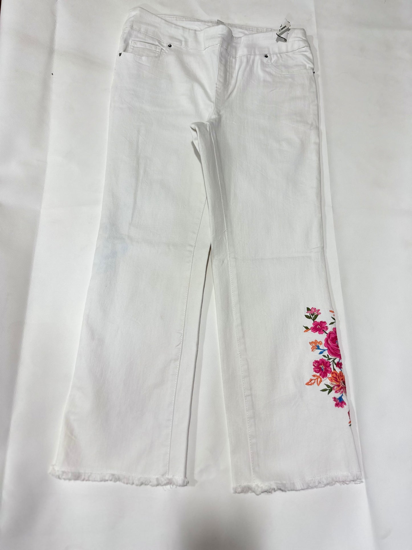Ladies' Preloved White Floral Embroidered Hem Straight Leg Stretch Jeans
