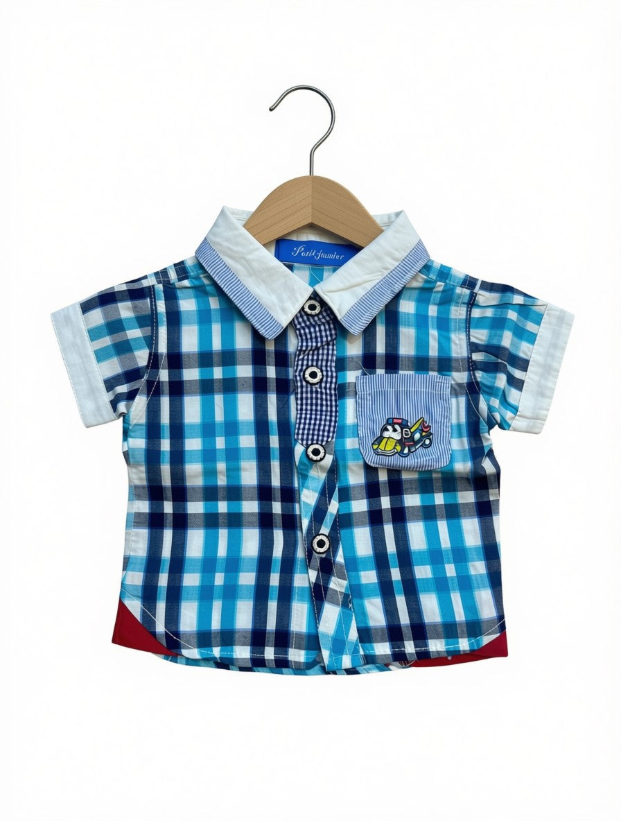 Boys' Preloved Blue Plaid Short-Sleeve Shirt (Size 3-6M)
