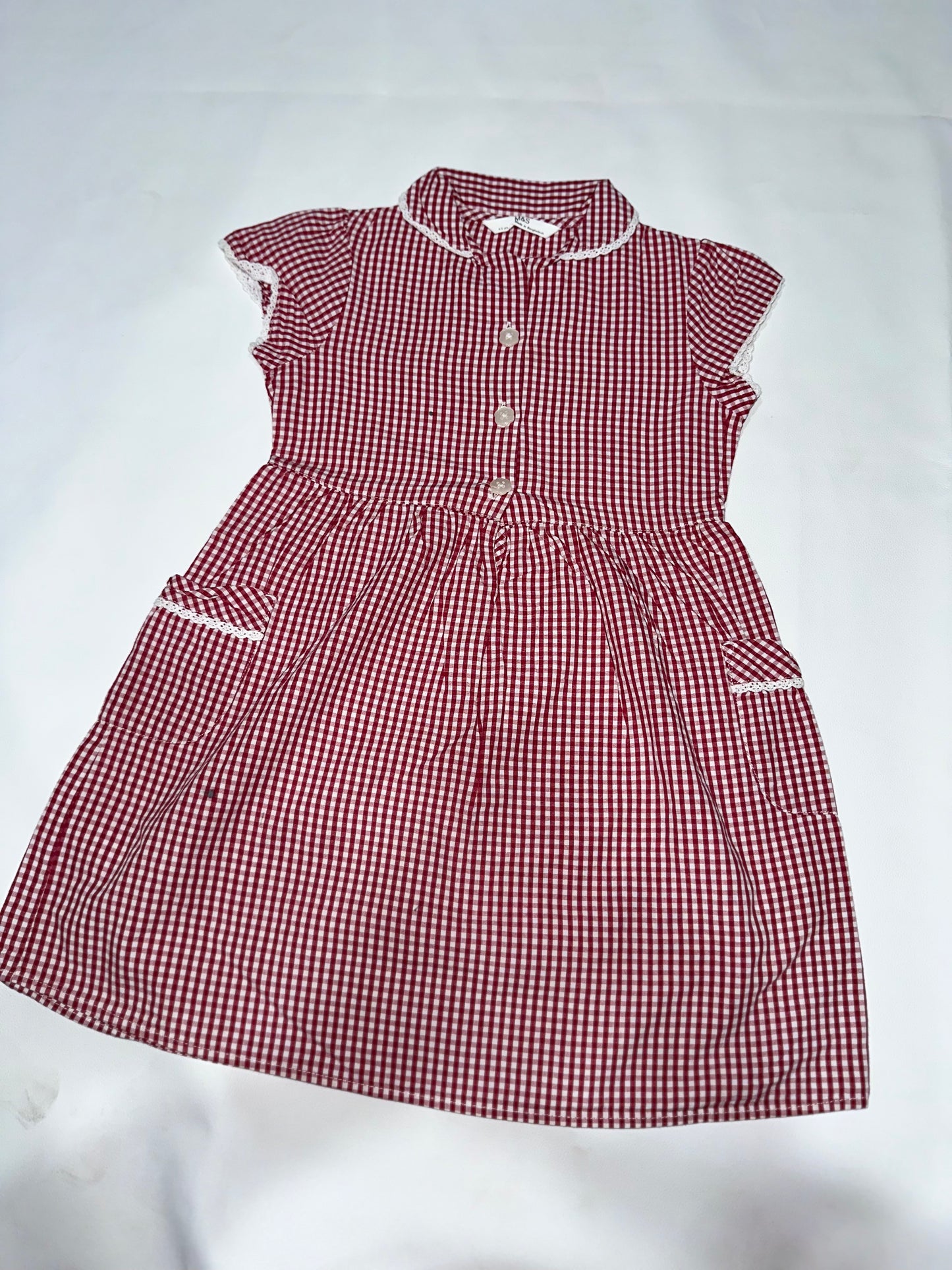 Girls' Preloved Maroon Gingham Lace Trim Dress