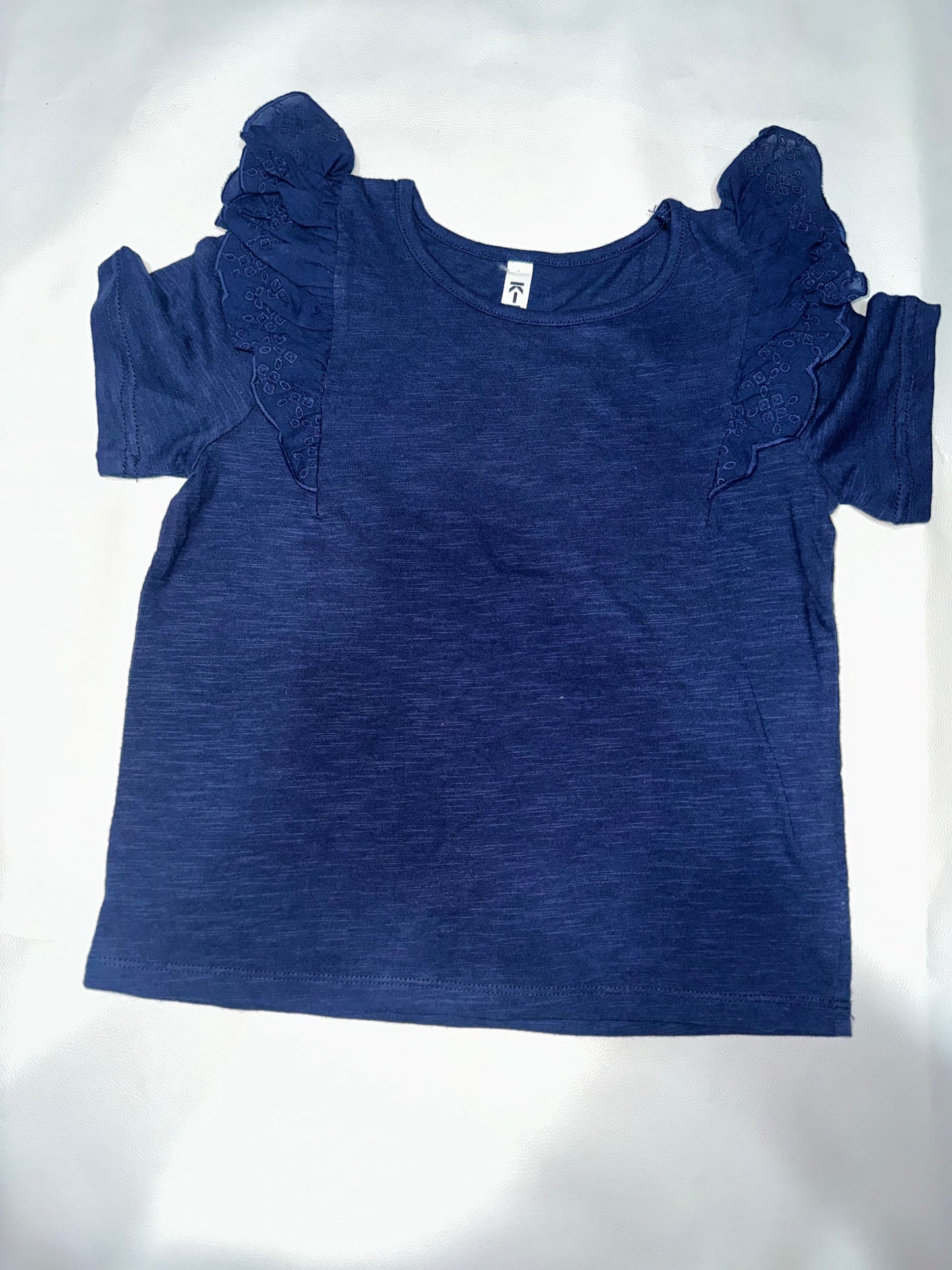 Girls' Preloved Navy Blue Broderie Ruffle Sleeve T-Shirt