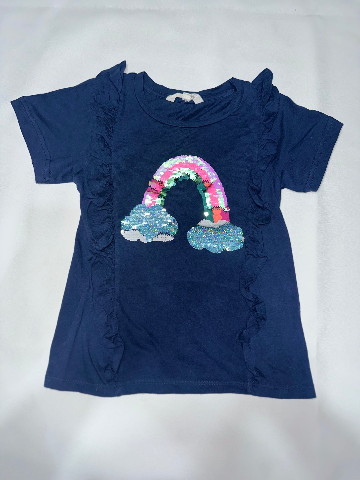Girls' Preloved Navy Sequin Rainbow Ruffle T-Shirt