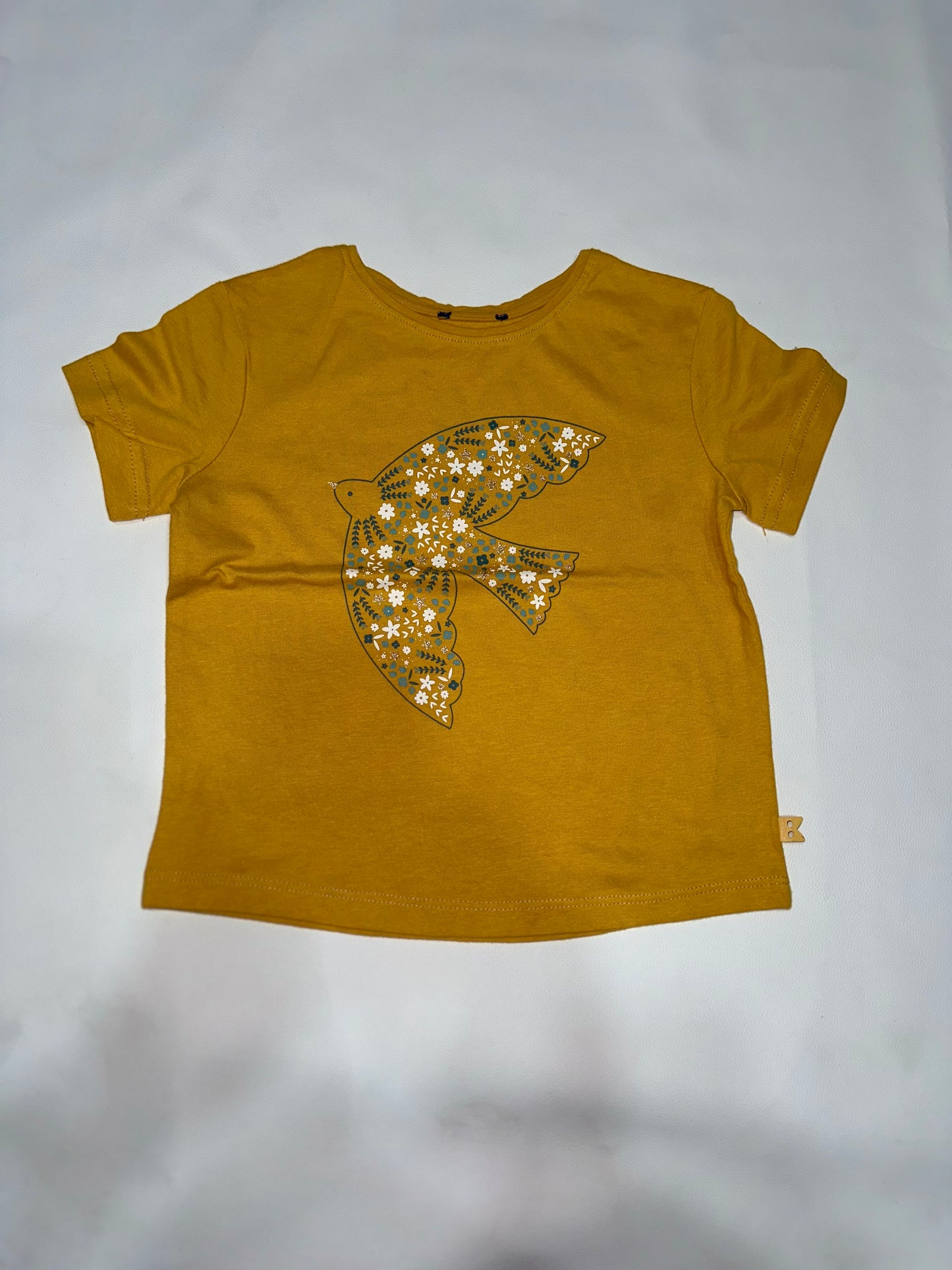 Girls' Preloved Mustard Yellow Floral Bird Graphic T-Shirt