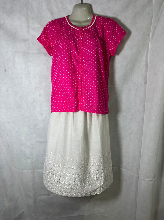Preloved Hot Pink Polka Heart Top & White Embroidered Eyelet Skirt Set