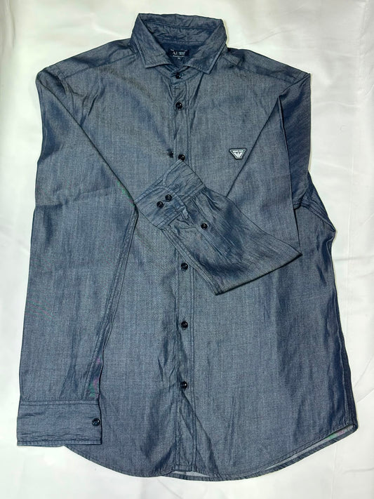 Preloved Armani Jeans Men's Grey Lightweight Denim Button-Down Shirt