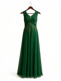 Elegant Emerald Green Chiffon Maxi Dress | Formal V-Neck Long Gown with Lace Embroidery