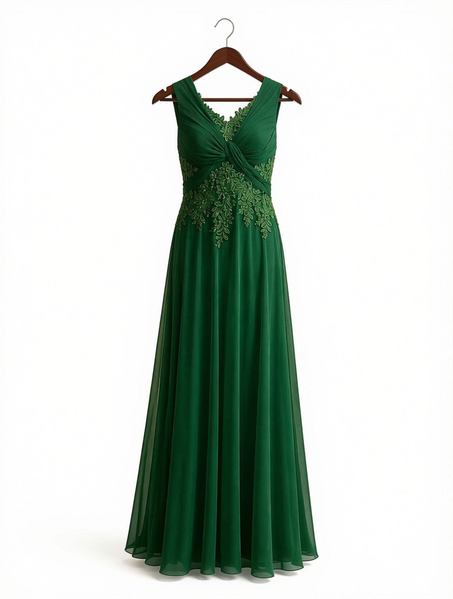 Elegant Emerald Green Chiffon Maxi Dress | Formal V-Neck Long Gown with Lace Embroidery