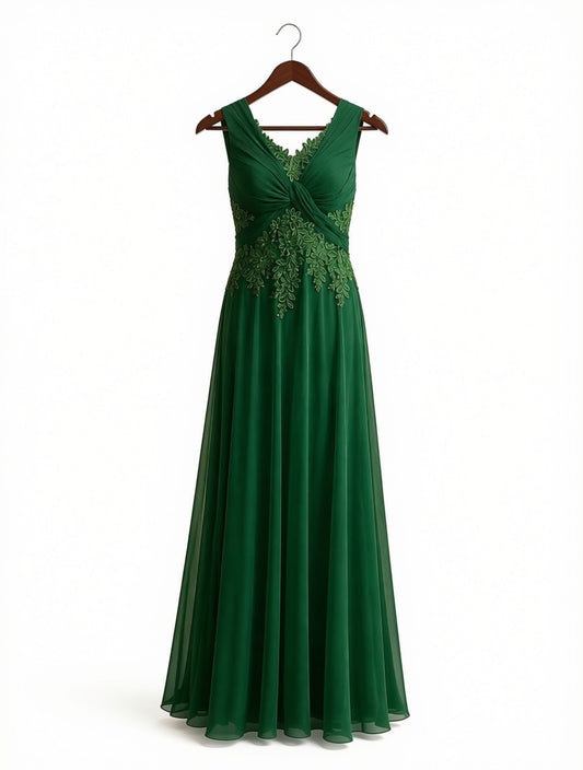 Elegant Emerald Green Chiffon Maxi Dress | Formal V-Neck Long Gown with Lace Embroidery