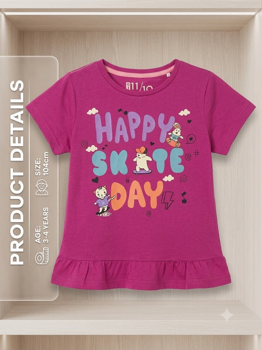 Preloved Kids "Happy Skate Day" Ruffled Graphic T-Shirt – Magenta Pink (Ages 3-4)