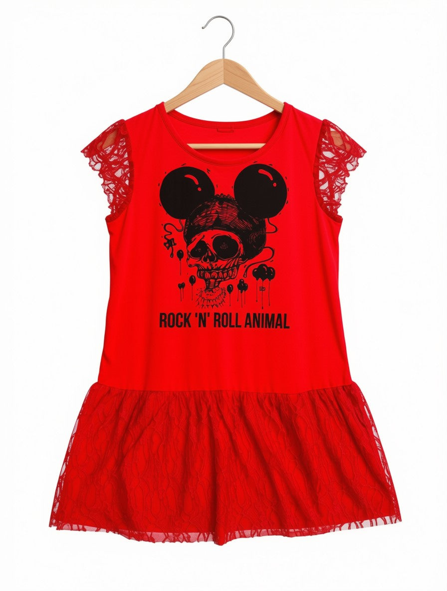 Preloved Kids Rock 'N' Roll Animal Skull Dress – Fiery Red & Lace (Size 9-10 Years)