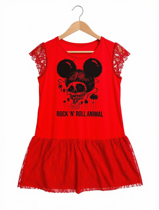 Preloved Kids Rock 'N' Roll Animal Skull Dress – Fiery Red & Lace (Size 9-10 Years)