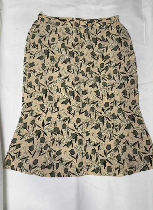 Preloved Vintage Beige Floral Tulip Print Paneled Flare Midi Skirt