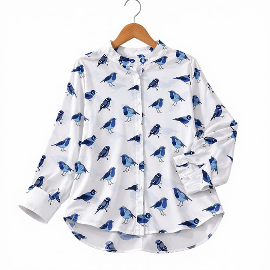 White Chiffon Button Down Blouse with Blue Bird Print - Casual Long Sleeve Mandarin Collar Shirt Maxi